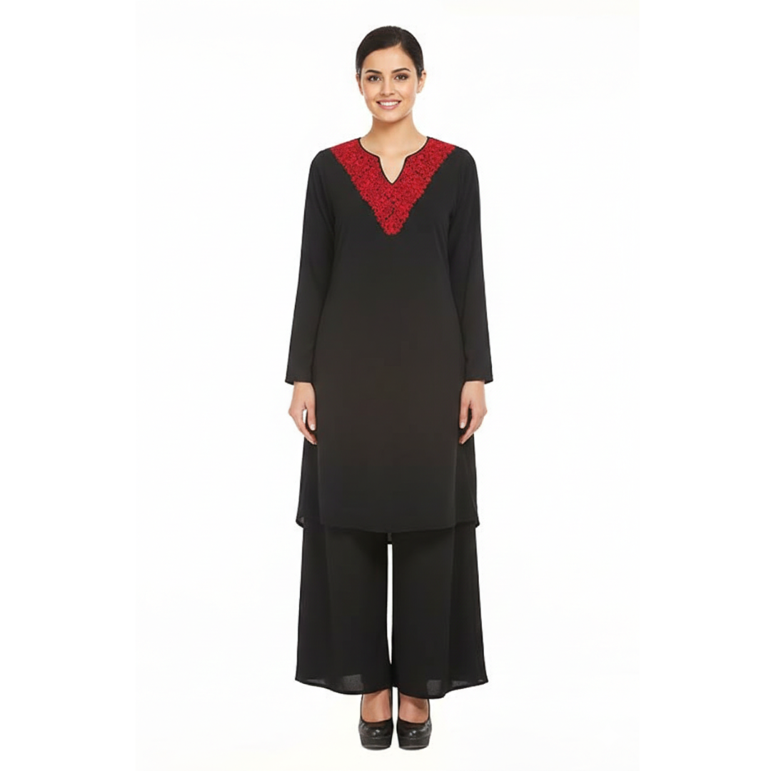 Black Poly Crepe Tunic with Embroidered Neckline & Pants