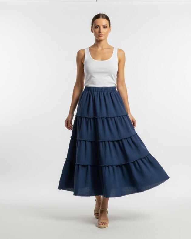Sustainable Indigo Tiered Cotton Maxi Skirt | Eco-Friendly Fashion