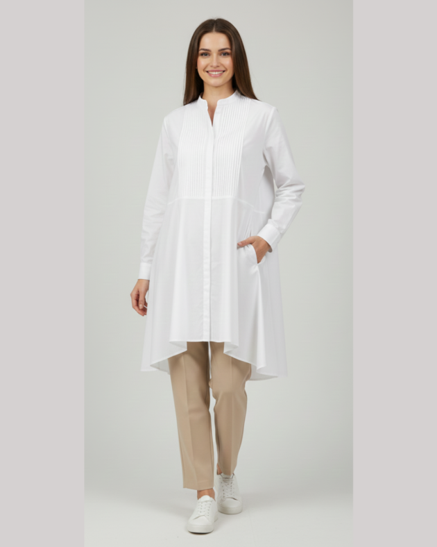 Cotton Tunic with Pleated Front & Band Collar | Casual Chic EU