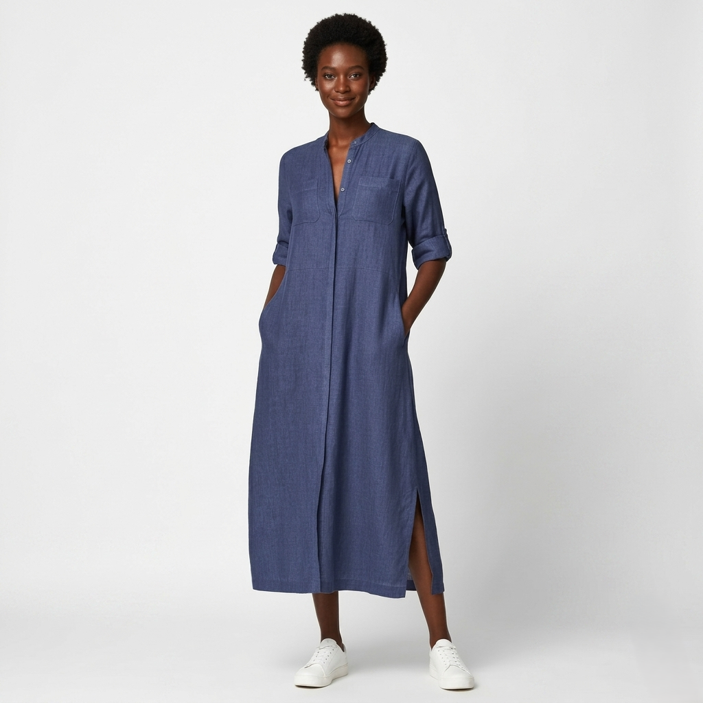 Glazed Cotton Maxi Shirt Dress – Navy Blue Button-Front Tunic