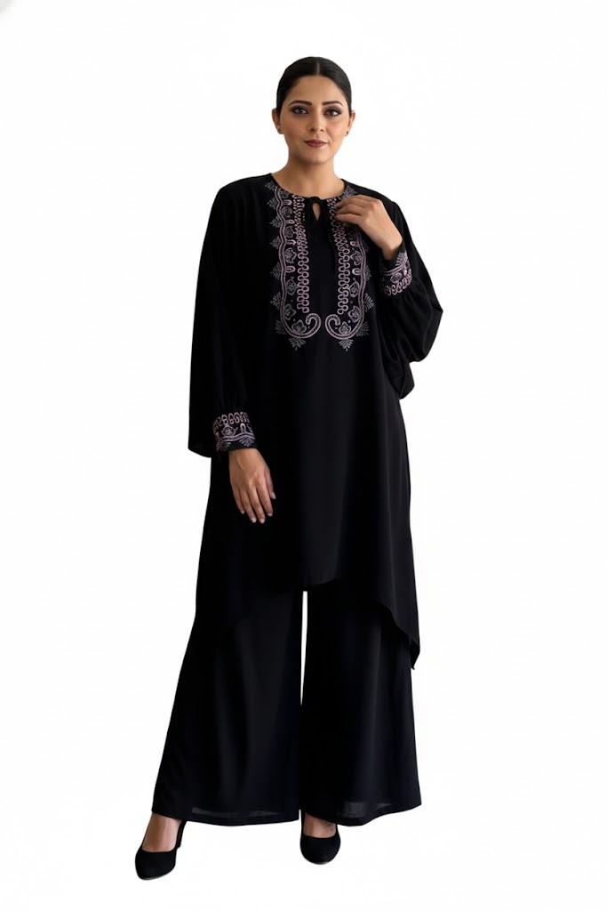 Artisan Embroidered Poly Crepe Kaftan Co-ord Set | Wide-Leg Trousers