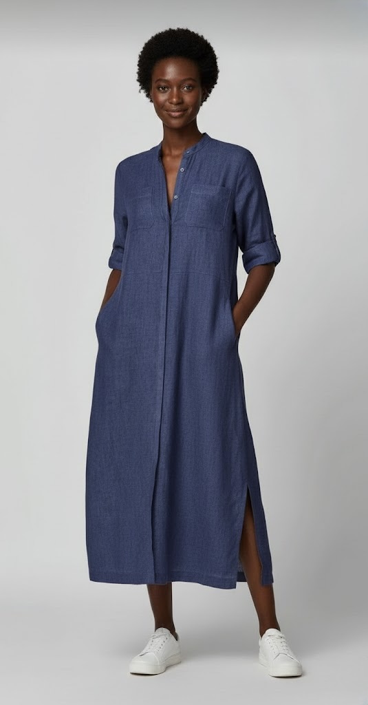 Glazed Cotton Maxi Shirt Dress – Navy Blue Button-Front Tunic