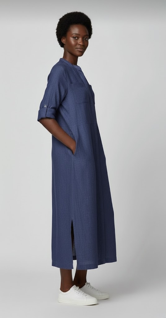 Glazed Cotton Maxi Shirt Dress – Navy Blue Button-Front Tunic - Image 2