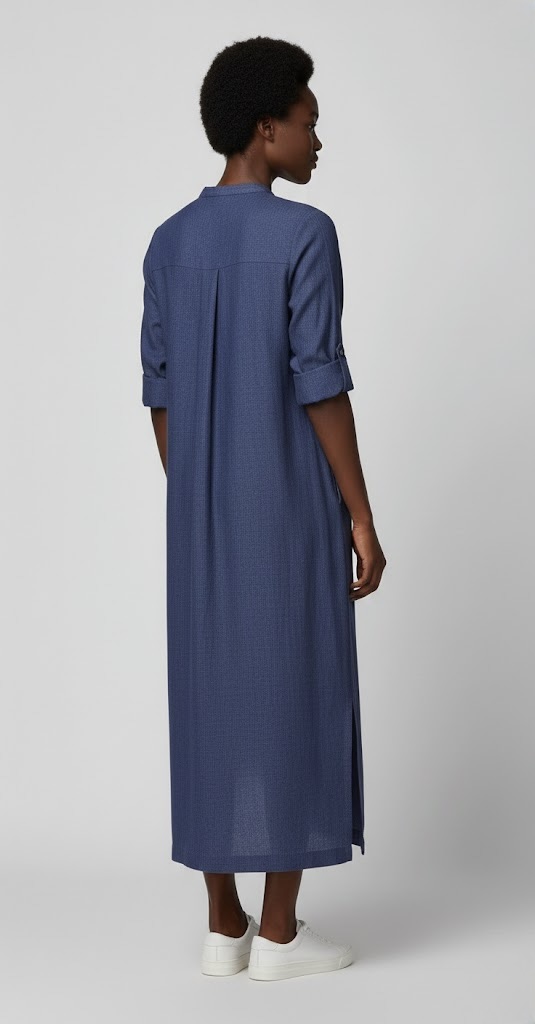 Glazed Cotton Maxi Shirt Dress – Navy Blue Button-Front Tunic - Image 3