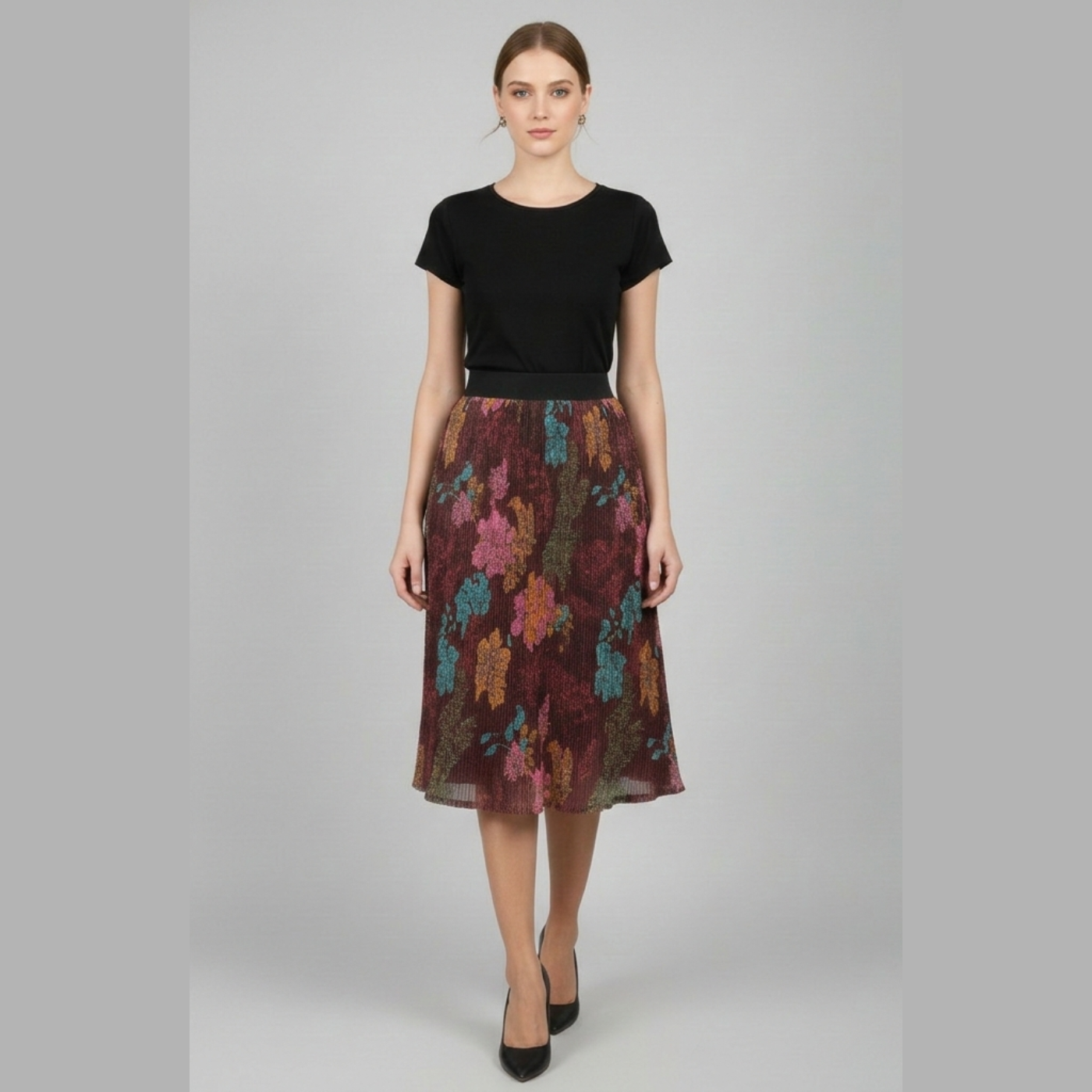 Women’s Pleated Printed Midi Skirt with Stretch Waist