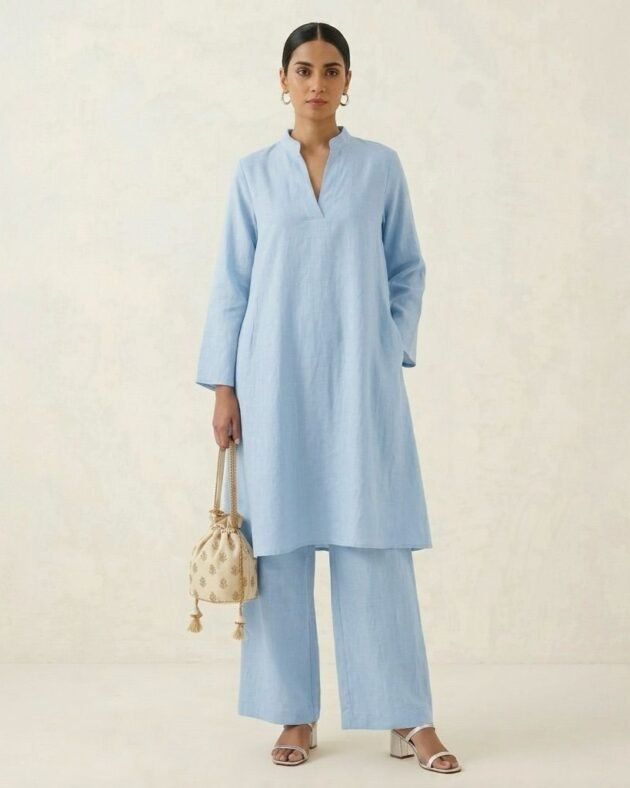 Women’s Wide-Leg Cotton Pants Set – Long Tunic Co-Ord