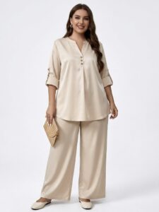 Plus Size Glazed Cotton Co-ord Set | Beige Tunic & Pants