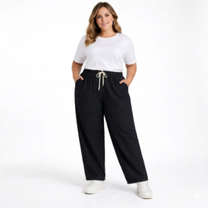 Women’s Black Unwashed Denim Wide-Leg Pants